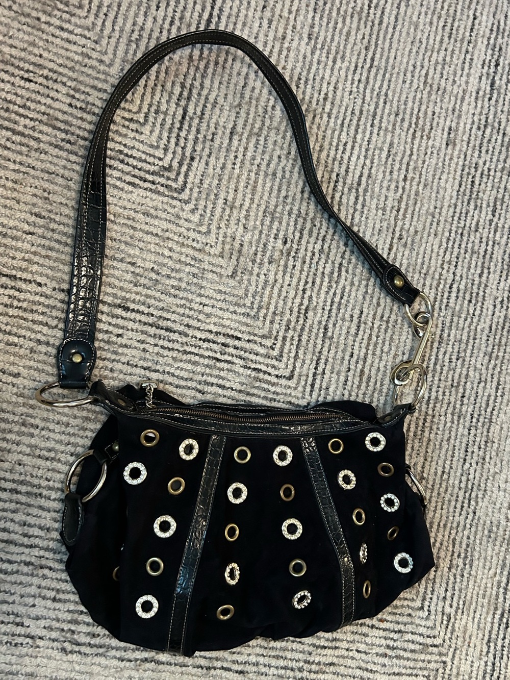 Kathy Y2K Grommet-Accent Shoulder Bag Faux Suede Purse Embellished rhinestone